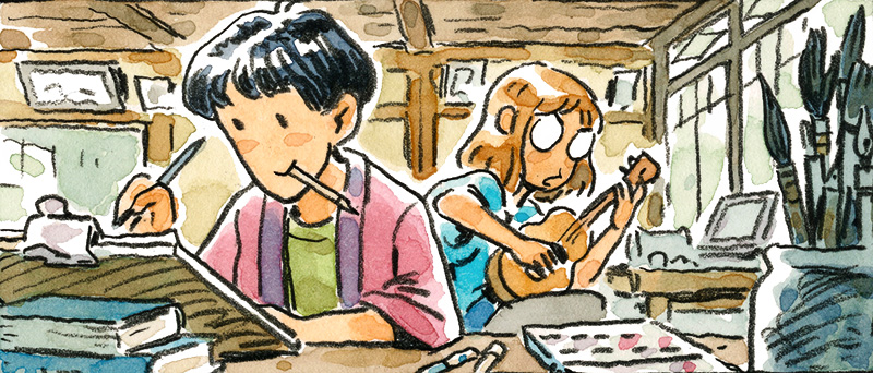 Dessin de l'atelier sentô les représentant l'un en train de dessiner, l'autre en train de jouer de la guitare